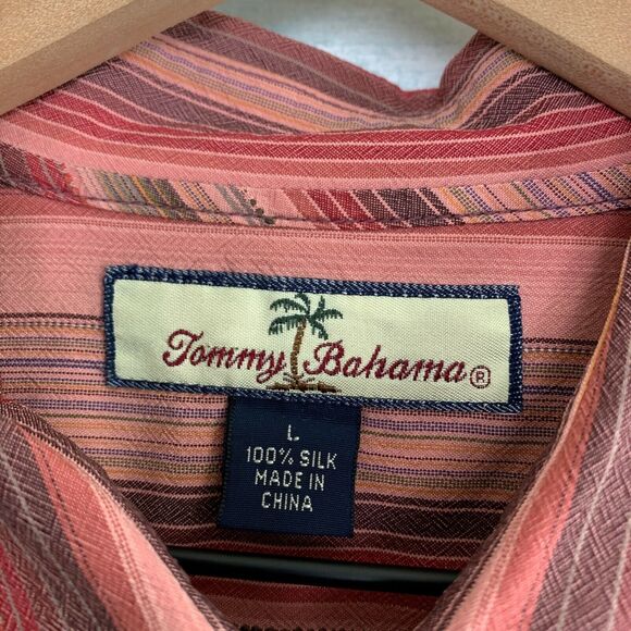 Tommy Bahama Pure Silk Striped Shirt Pink Button Front Jacquard Mens Large - Picture 6 of 6